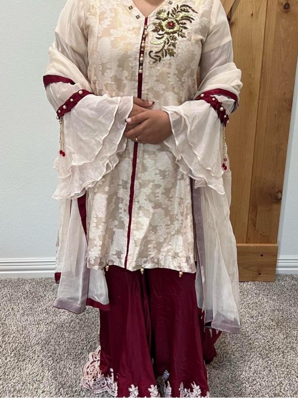 Ivory & Burgundy Embroidered Pakistani Set